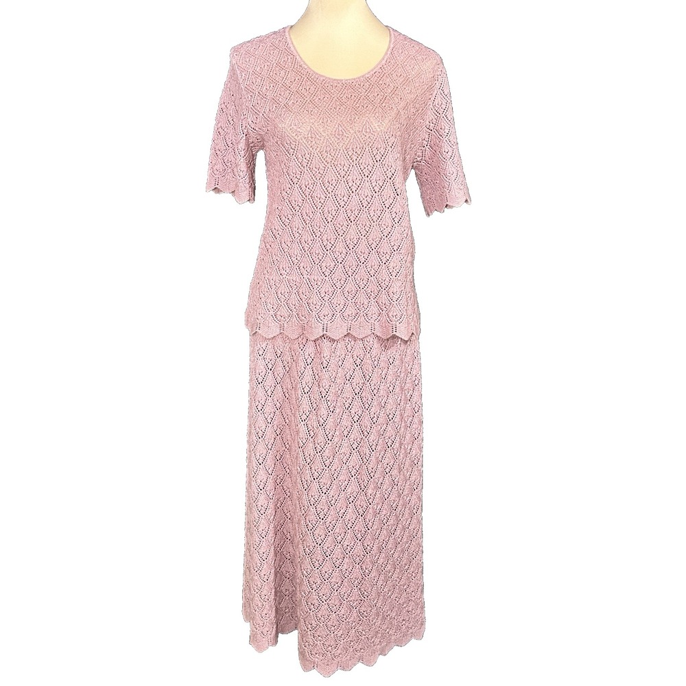 Vtg Savion by Lynacy Feuer 2-Piece Knit Skirt Set Med Pastel Dusty Rose Cottage